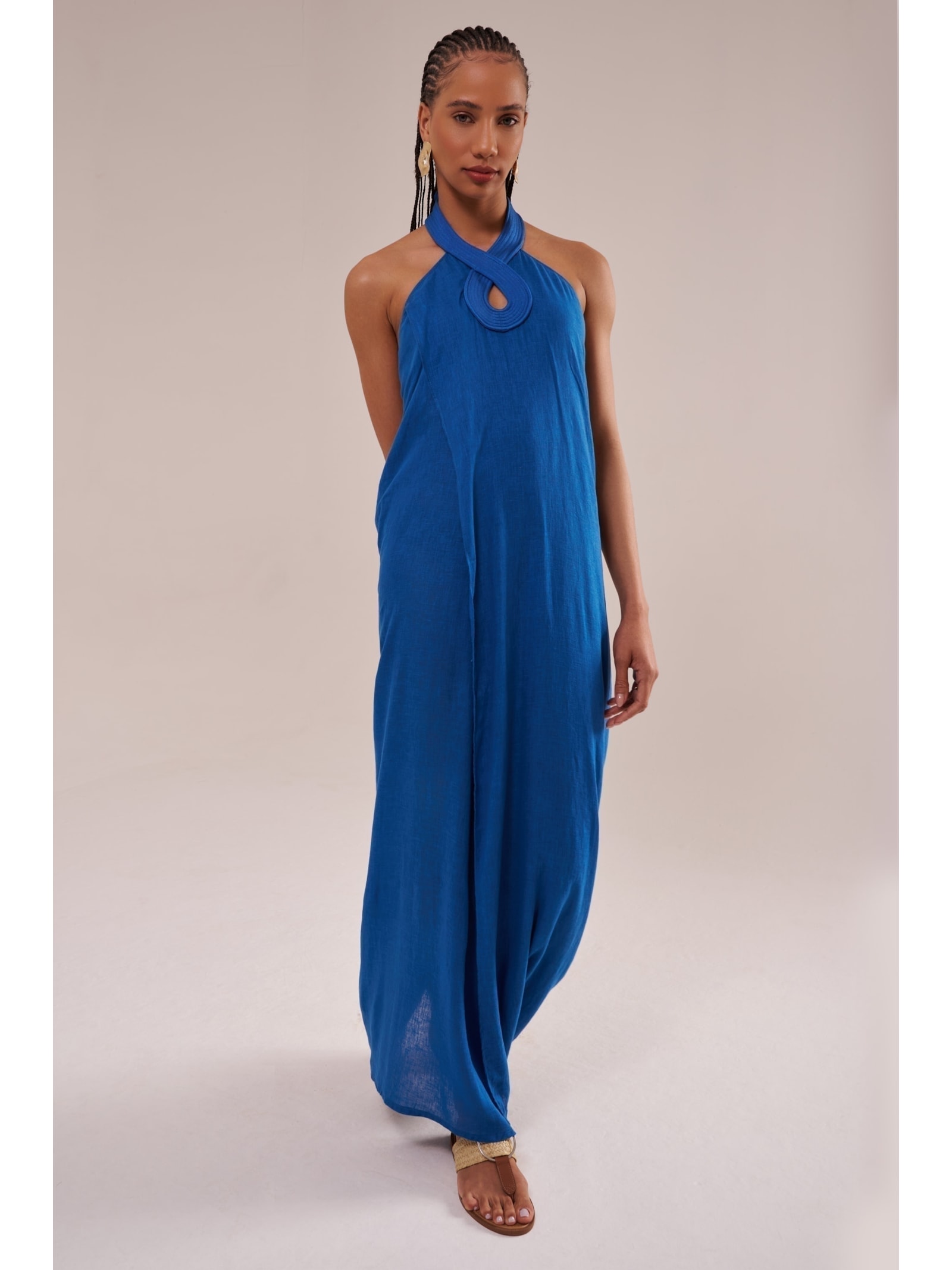 saída longa com matelassê em viscose com linho orla azul Suntime