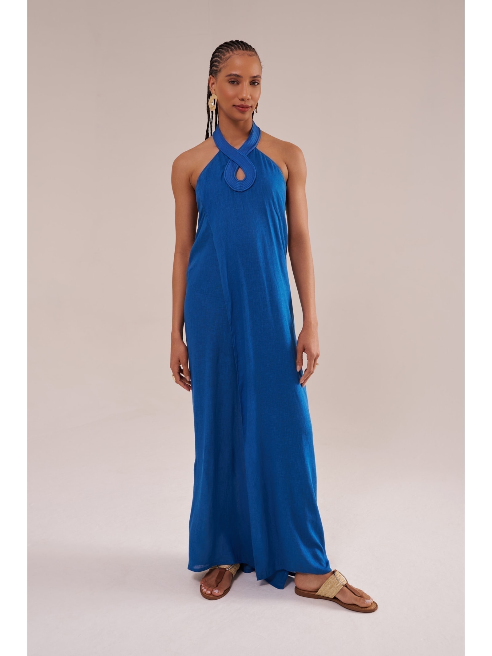 saída longa com matelassê em viscose com linho orla azul Suntime