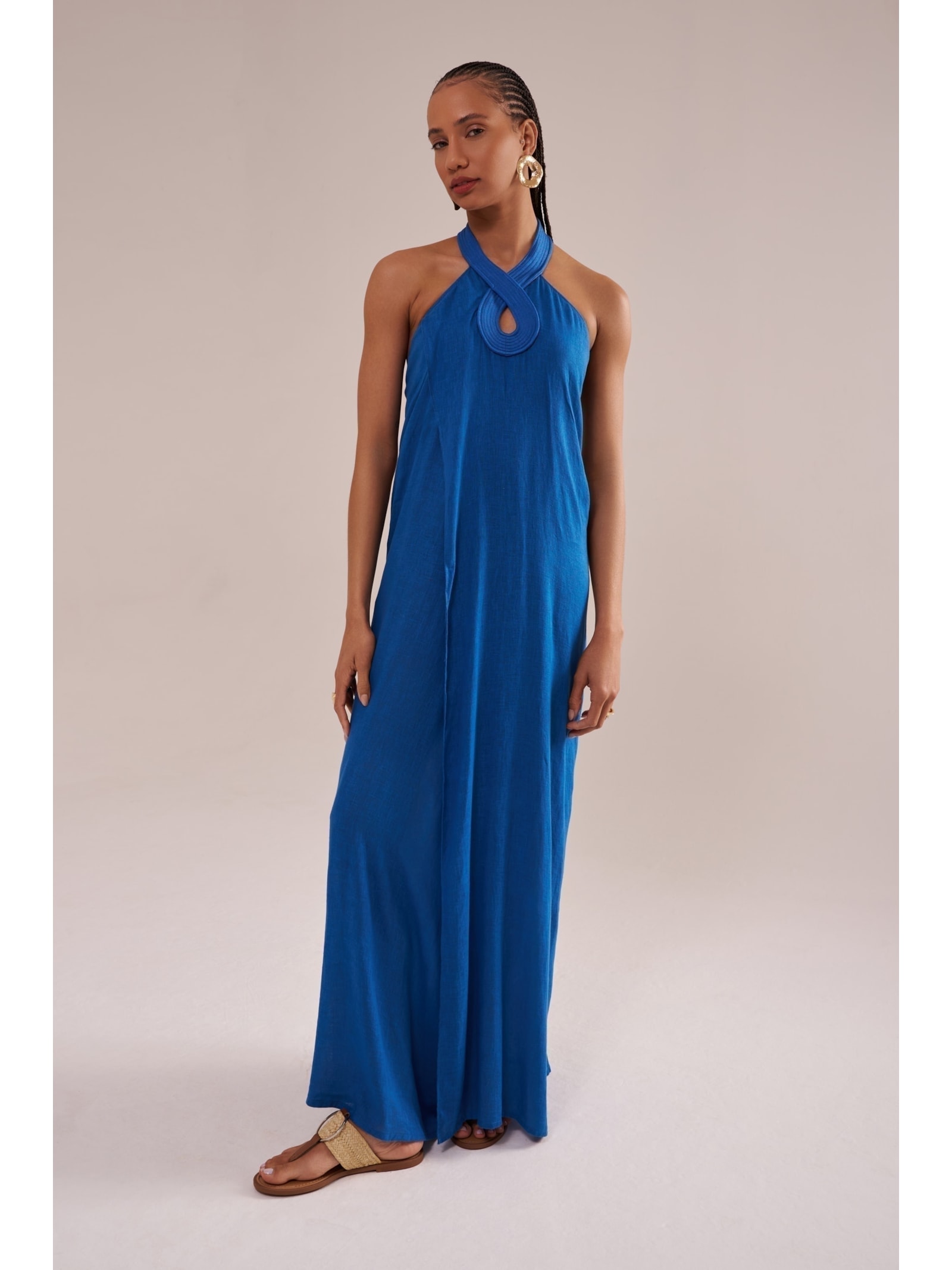 saída longa com matelassê em viscose com linho orla azul Suntime