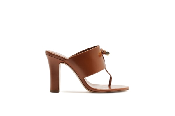 Sandália Couro Salto Médio Tira Thong - Marrom