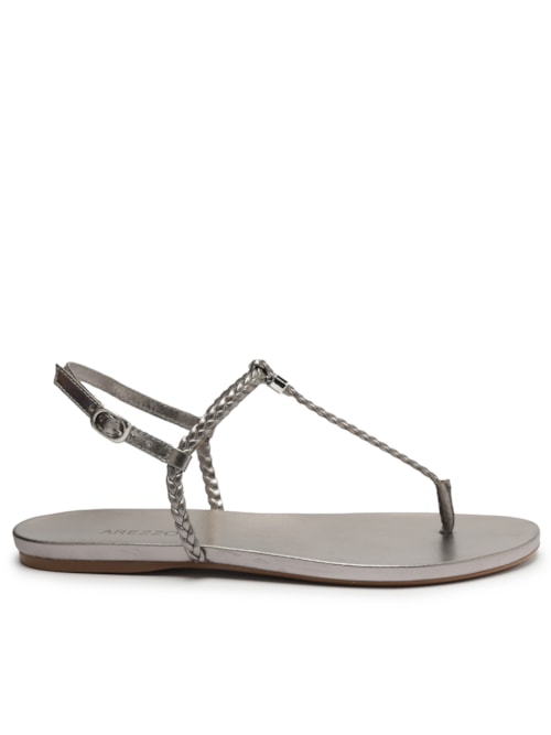 Sandália Feminia Rasteira Prata Slim Tiras Trançadas – Prateado