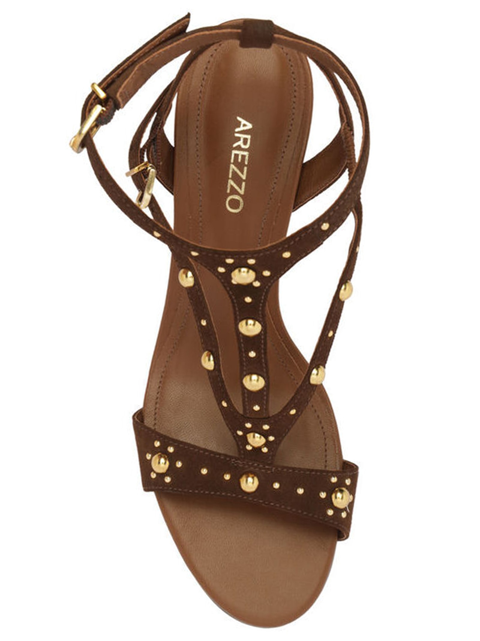 Sandália Feminina Acamurçada Salto Fino Rebites Marrom Arezzo