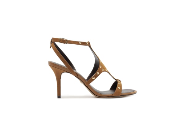 Sandália Feminina Camurça Salto Fino Recorte - Marrom