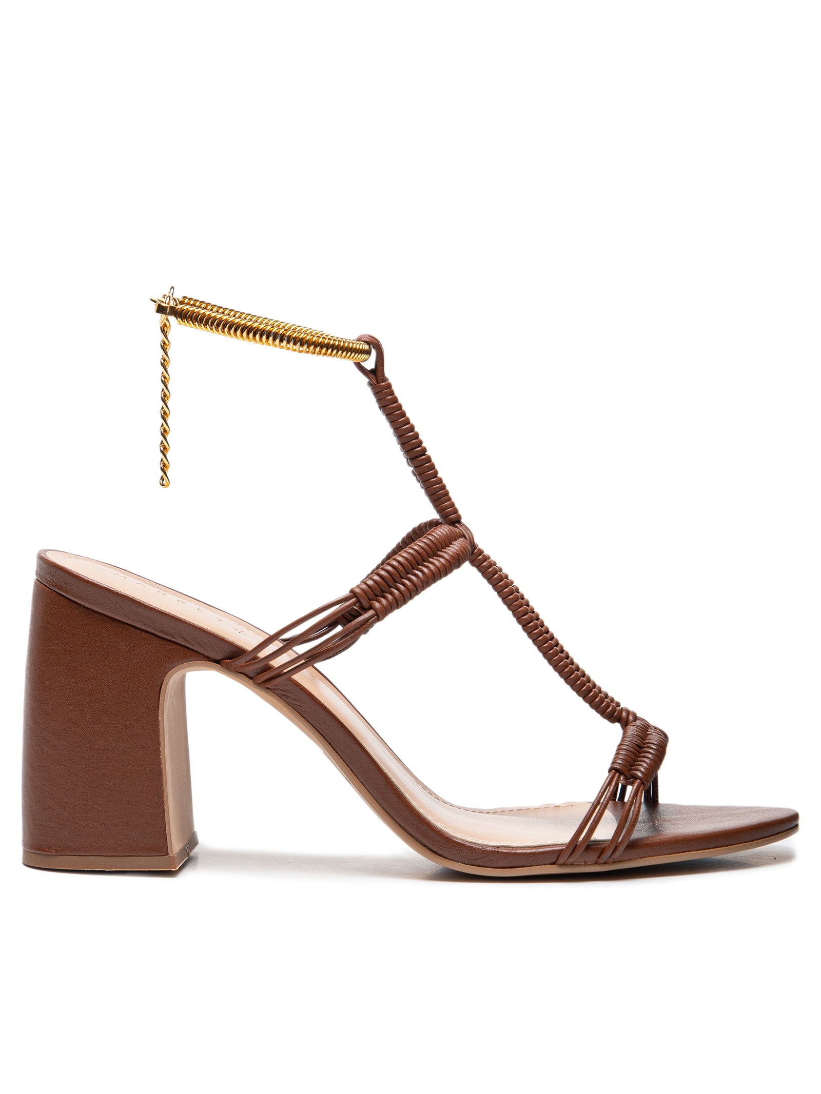 Sandália Feminina Com Salto Trançada Em Couro Marrom Market 33