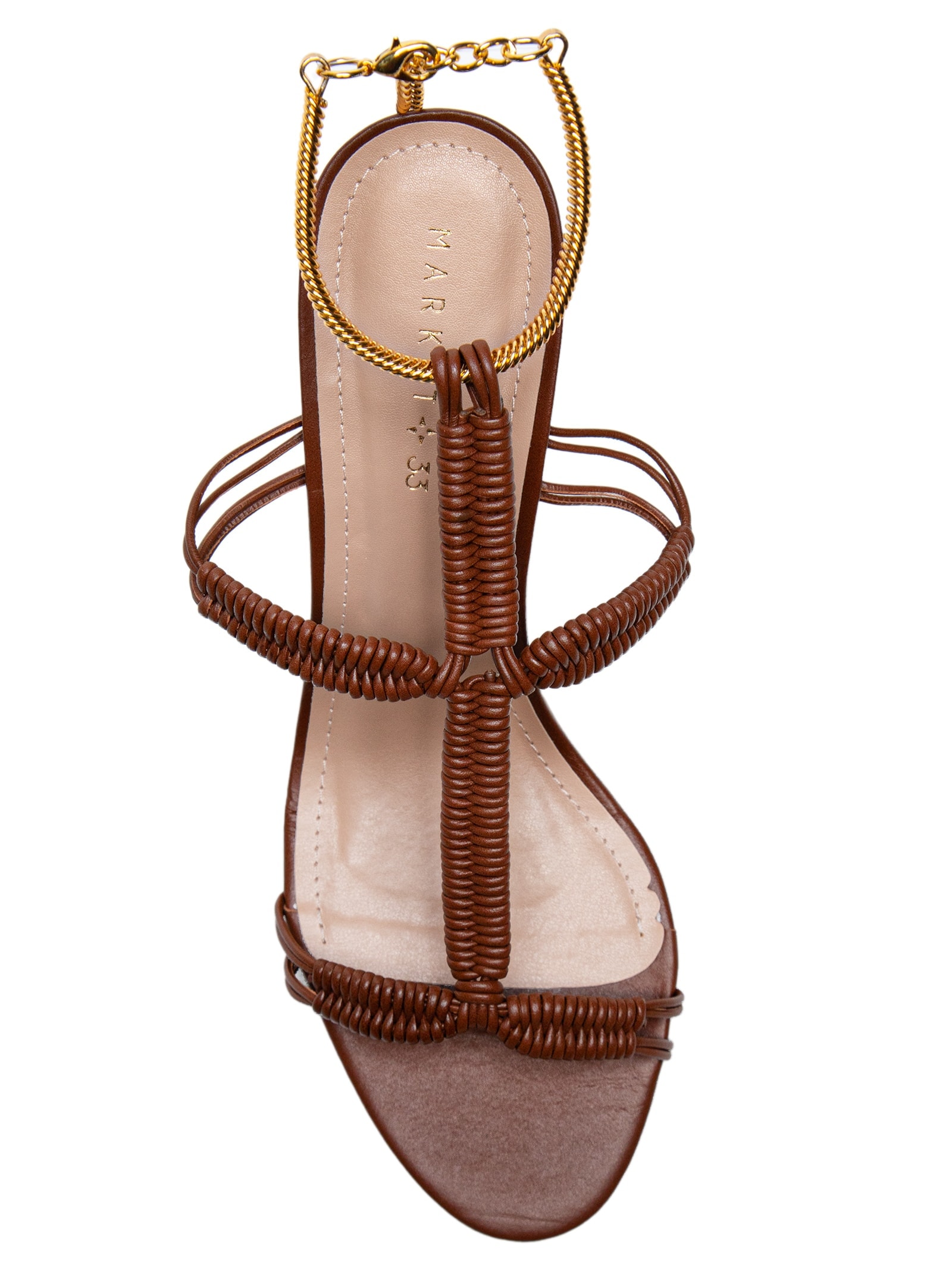 Sandália Feminina Com Salto Trançada Em Couro Marrom Market 33