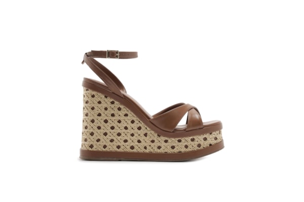 Sandália Feminina Couro Palha Sextavada Plataforma - Marrom