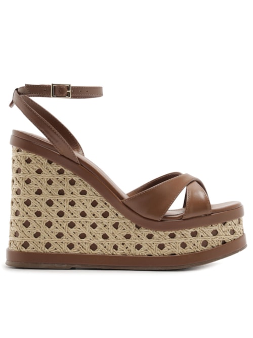 Sandália Feminina Couro Palha Sextavada Plataforma – Marrom