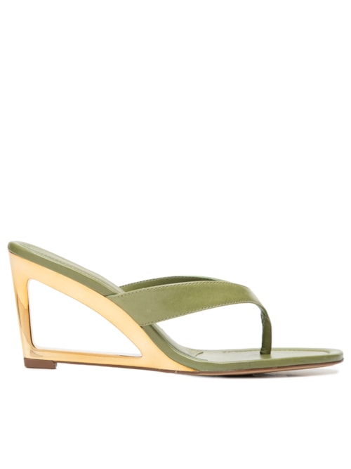 Sandália Feminina Couro Salto Geométrico Flip Flop - Verde