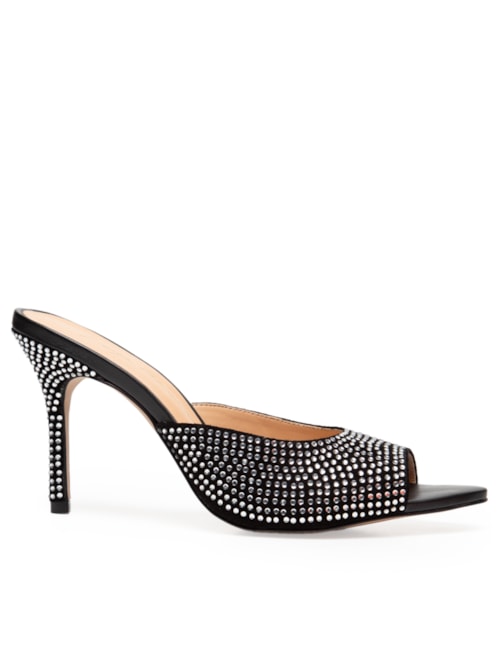 Sandália Feminina De Salto Alto Fino Em Camurça Com Cristais – Preto