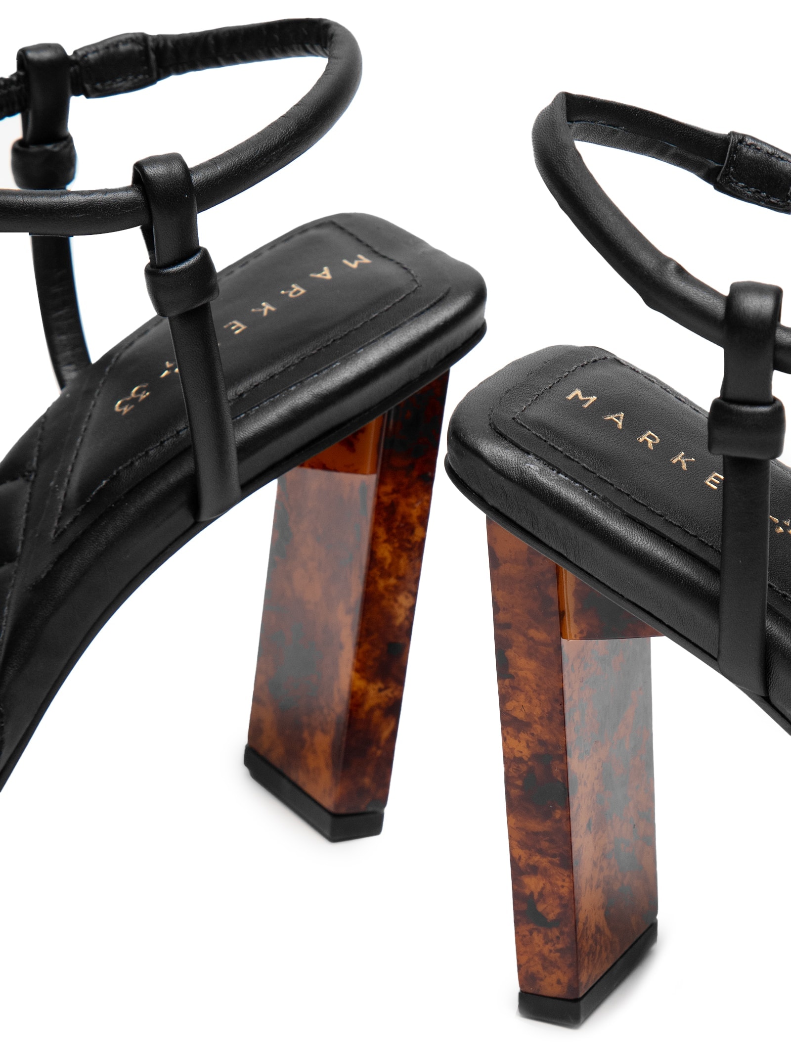 Sandália Feminina Em Couro Com Salto Alto Marmorizado Preto Market 33