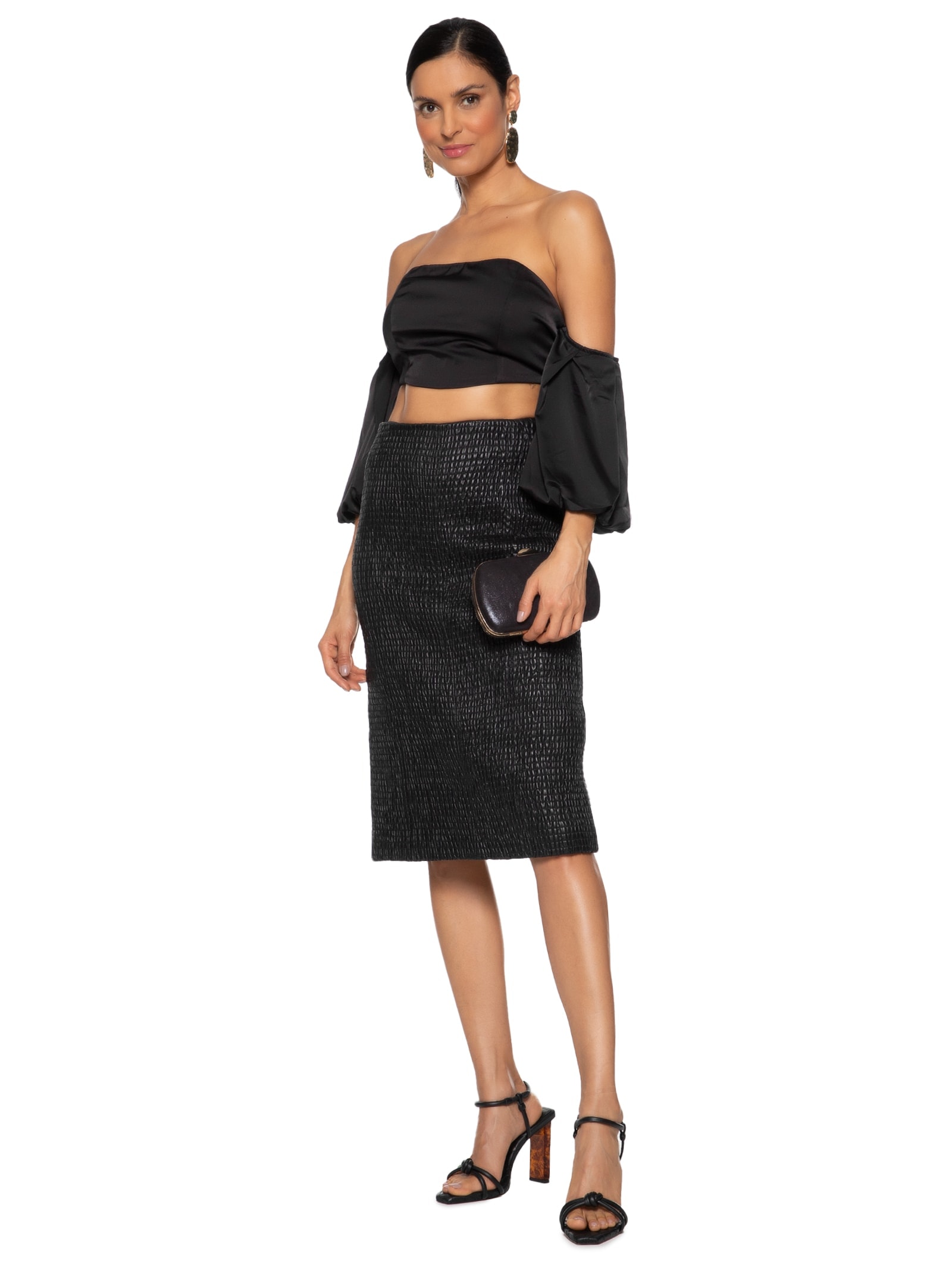 Sandália Feminina Em Couro Com Salto Alto Marmorizado Preto Market 33