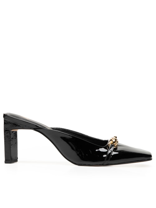 Sandália Feminina Mule Chain Salto Reto Couro – Preto