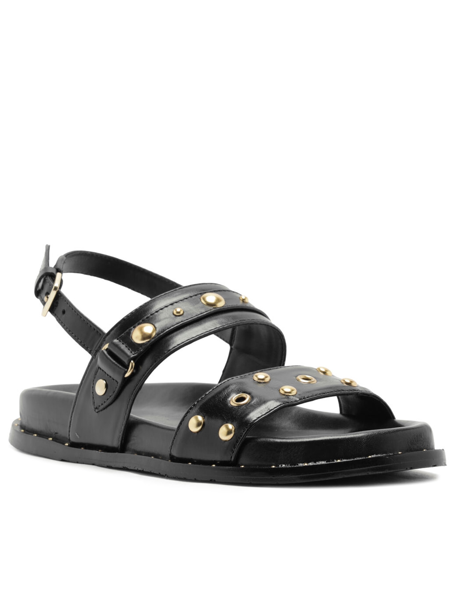 Sandália Feminina Papete Couro Metais Boho Preto Arezzo