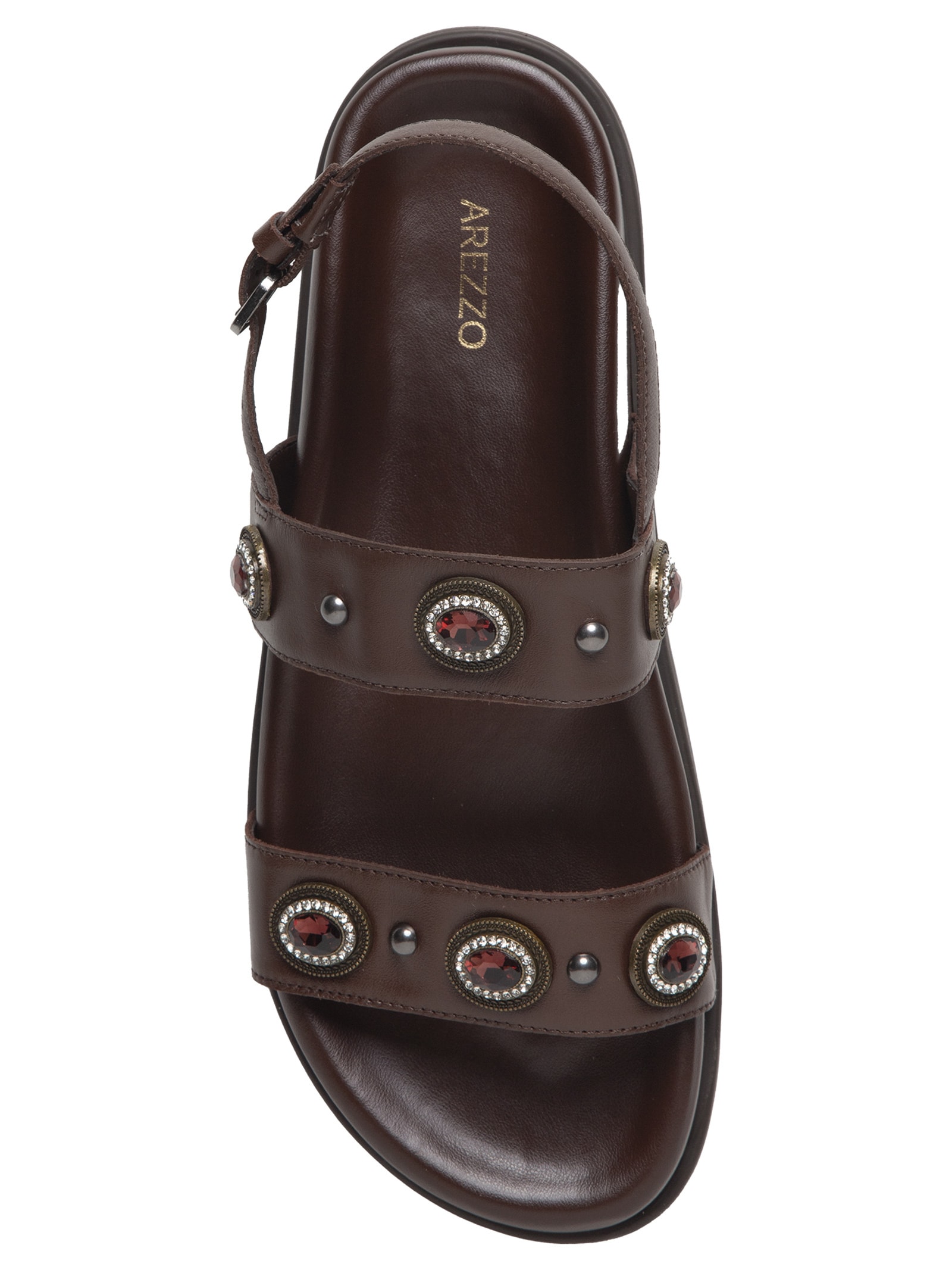 Sandália Feminina Papete Escuro Couro Pedrarias Marrom Arezzo