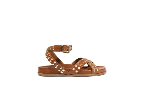Sandália Feminina Papete Studs Carolla Couro - Marrom