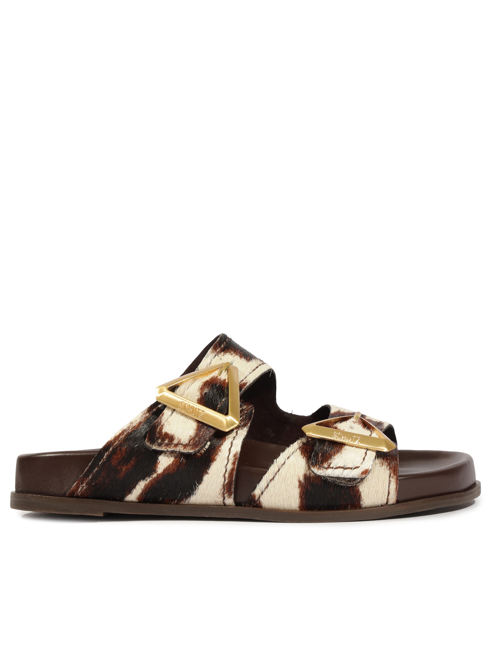 Sandália Feminina Papete Triangle Couro Animal Print Schutz