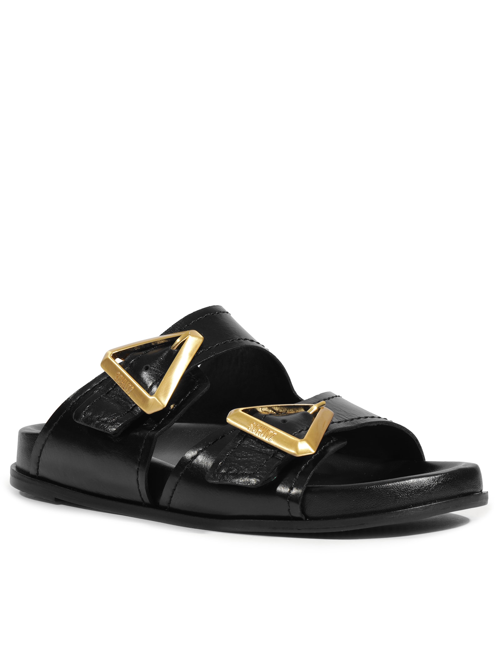 Sandália Feminina Papete Triangle Couro Preto Schutz