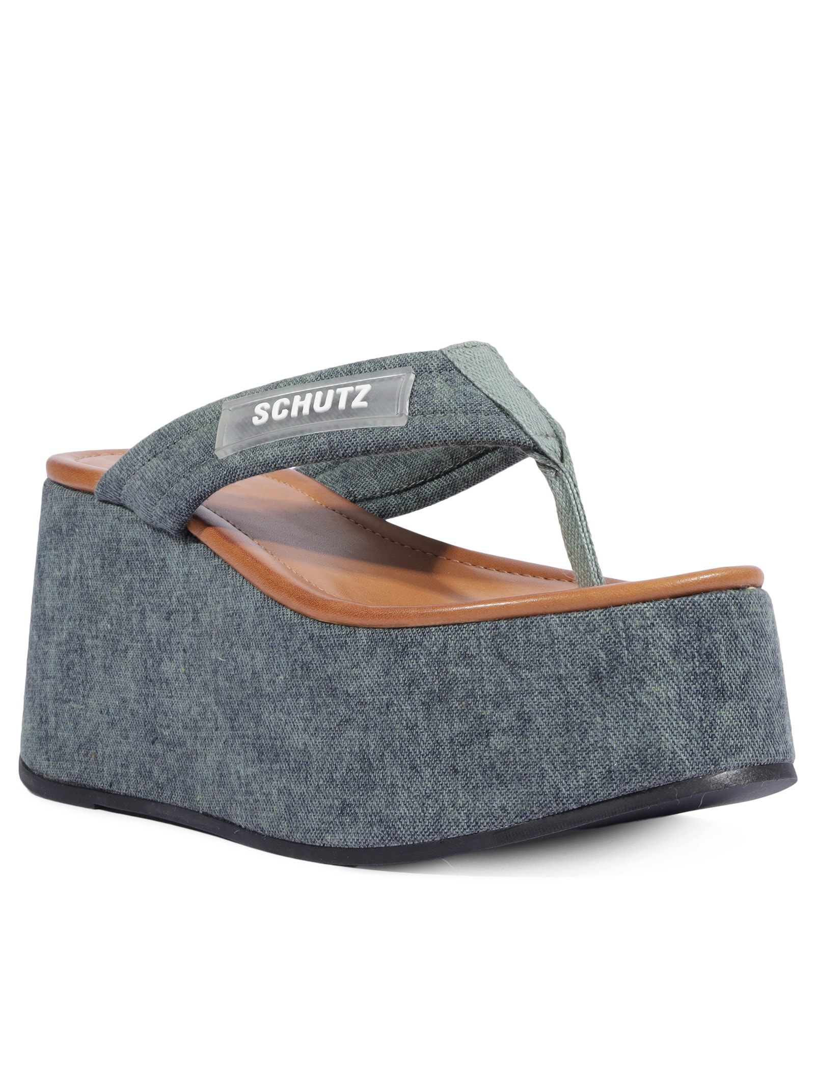 Sandália Feminina Plataforma Bico Redondo Denim Verde Schutz