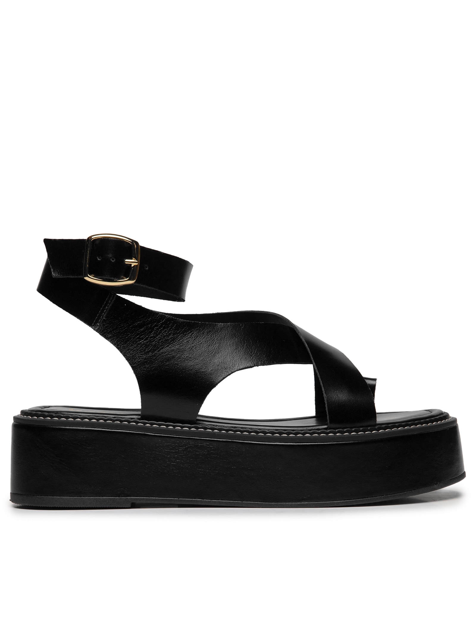 Sandália Feminina Plataforma Couro Com Tiras Preto Basiq