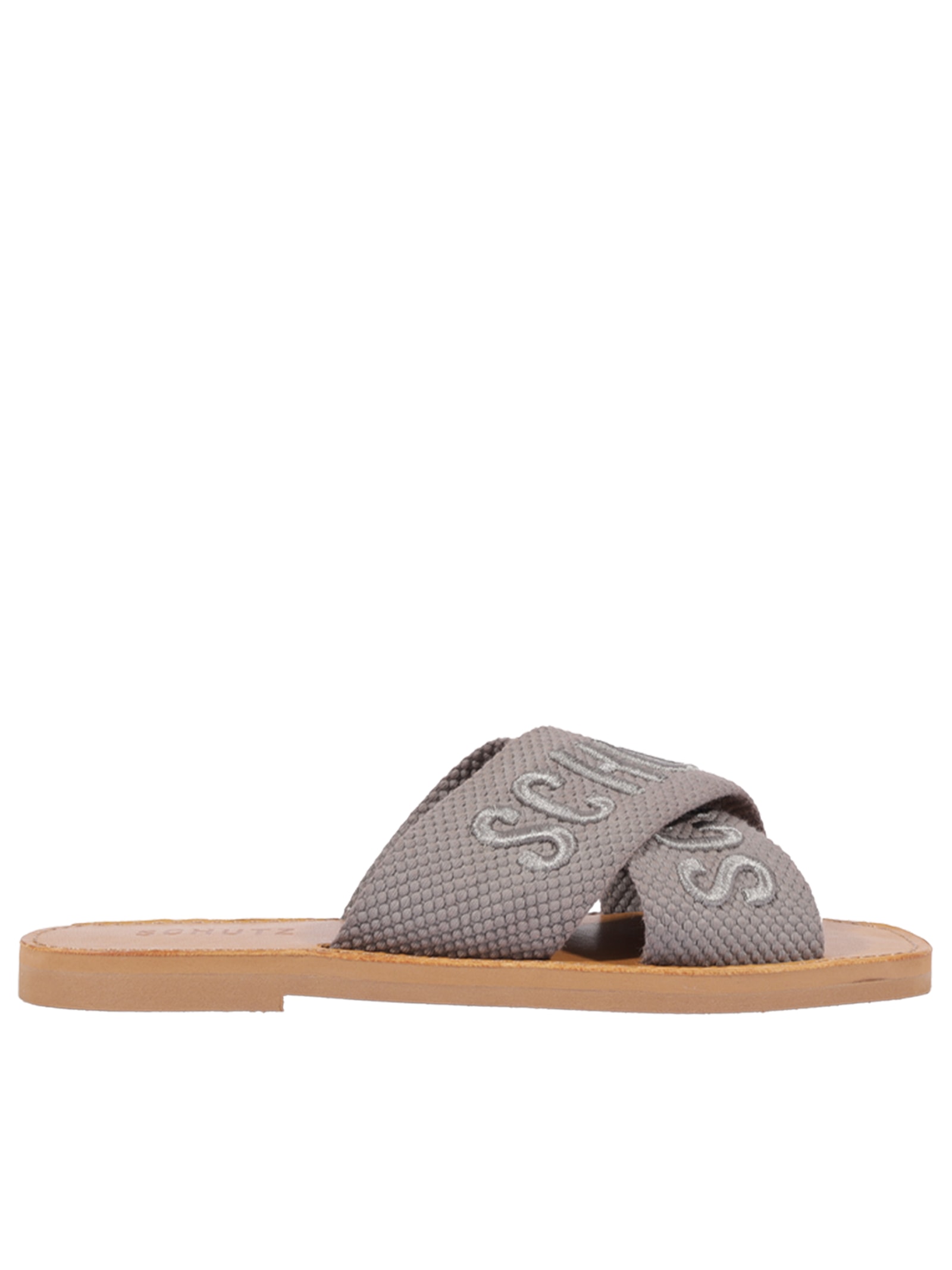 Sandália Feminina Rasteira Bico Quadrado X Bordada – Cinza Schutz
