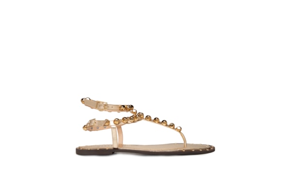 Sandália Feminina Rasteira Com Enfeites Metálicos - Dourado