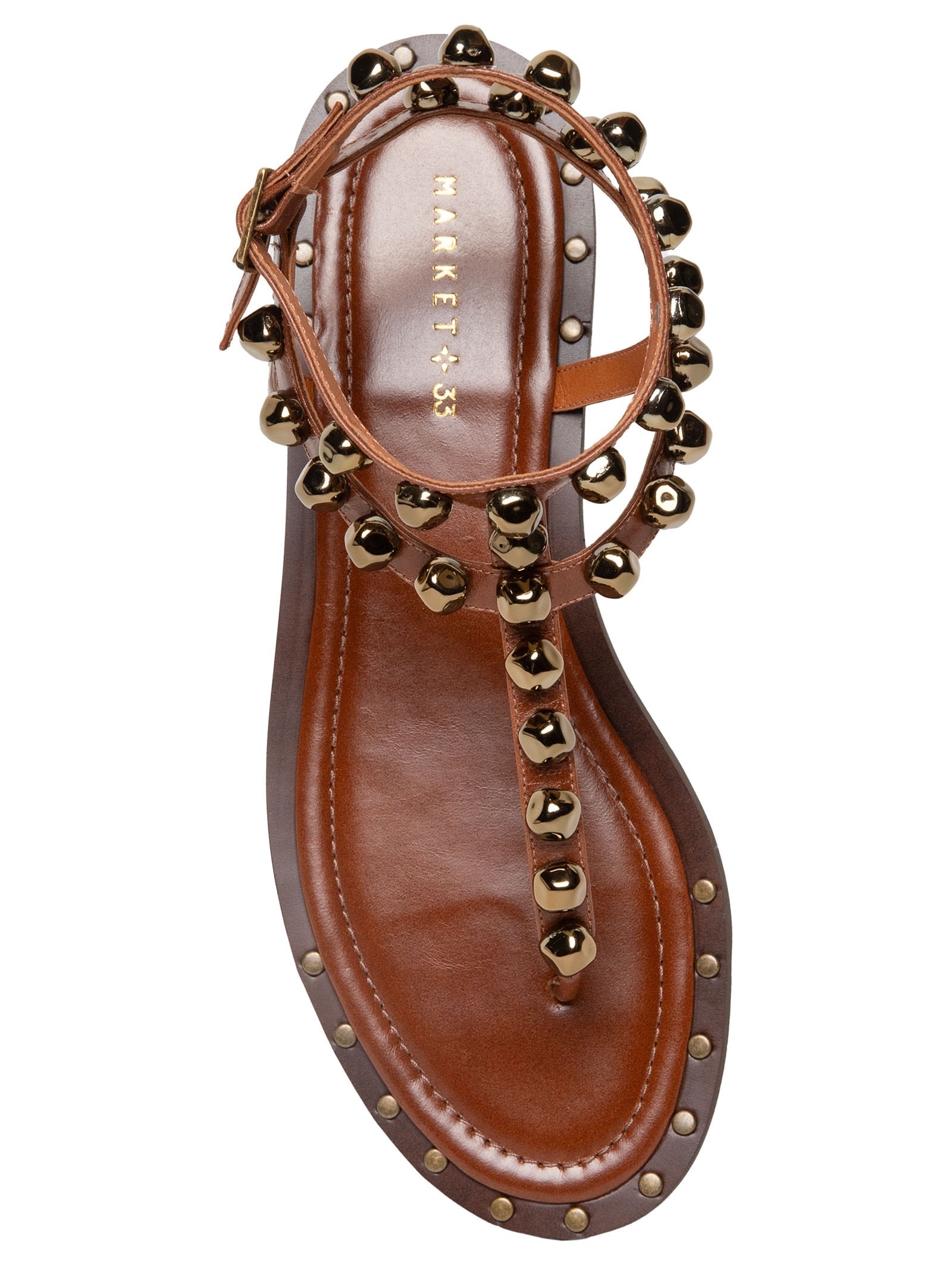 Sandália Feminina Rasteira Com Enfeites Metálicos Marrom  Market 33