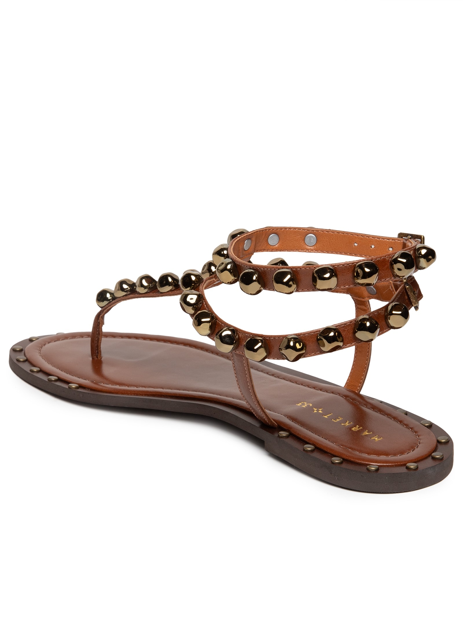Sandália Feminina Rasteira Com Enfeites Metálicos Marrom  Market 33