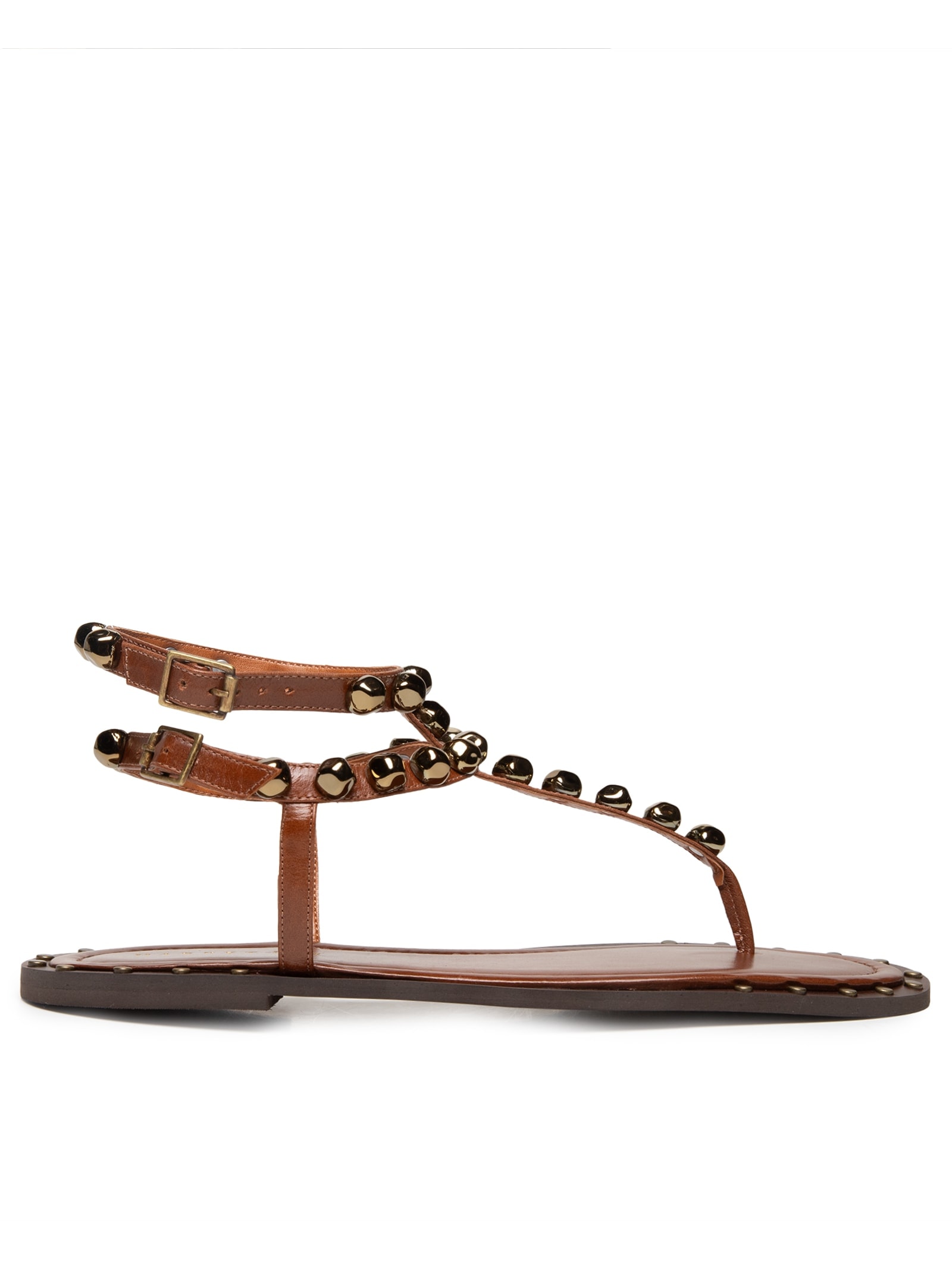 Sandália Feminina Rasteira Com Enfeites Metálicos Marrom  Market 33