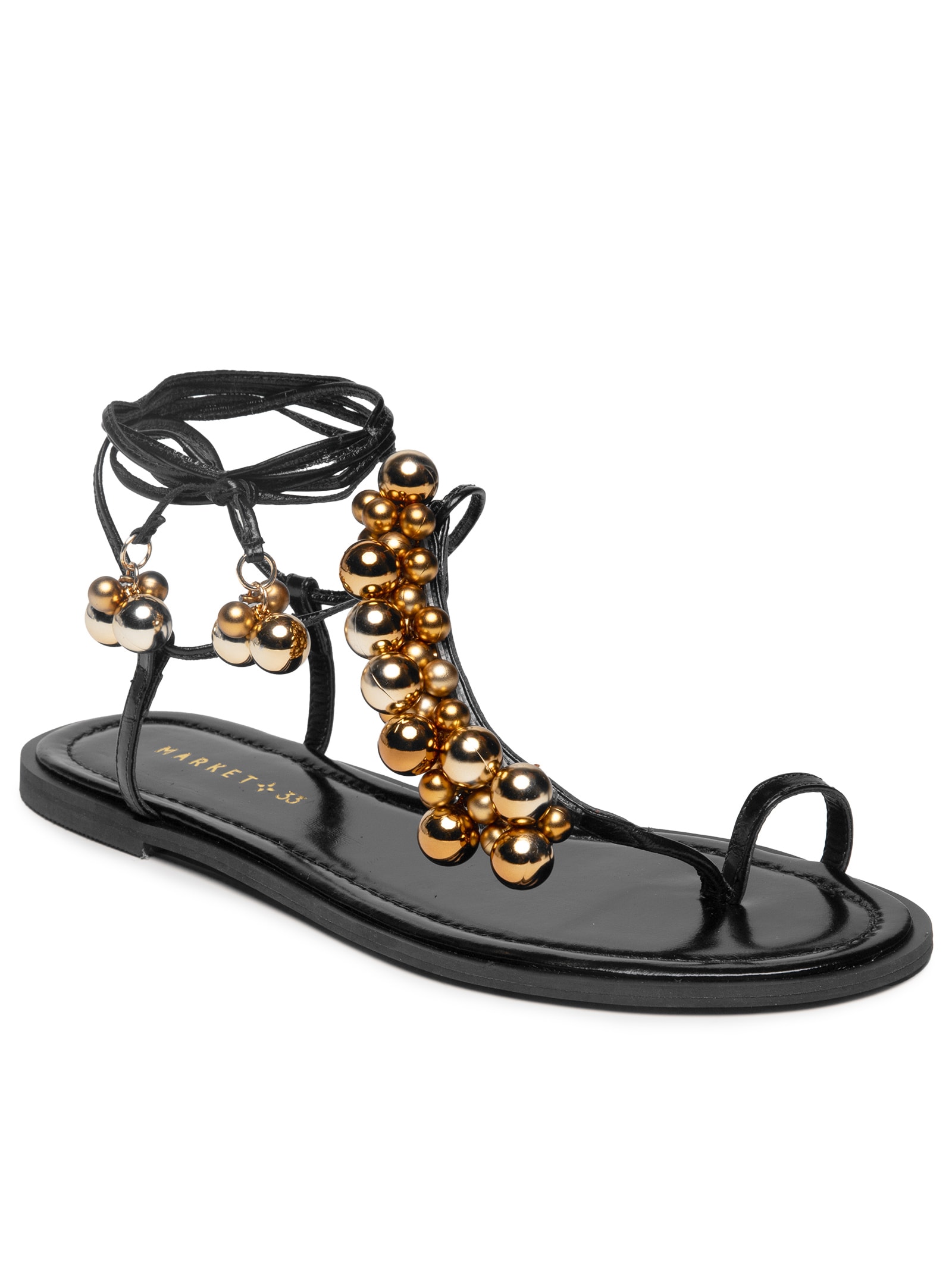 Sandália Feminina Rasteira Com Enfeites Metálicos Preto Market 33