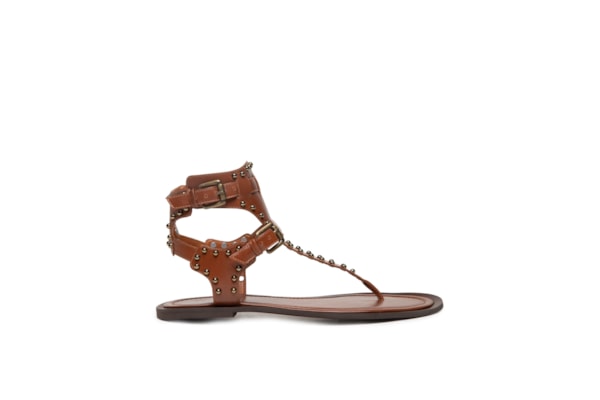 Sandália Feminina Rasteira Com Tachas - Marrom