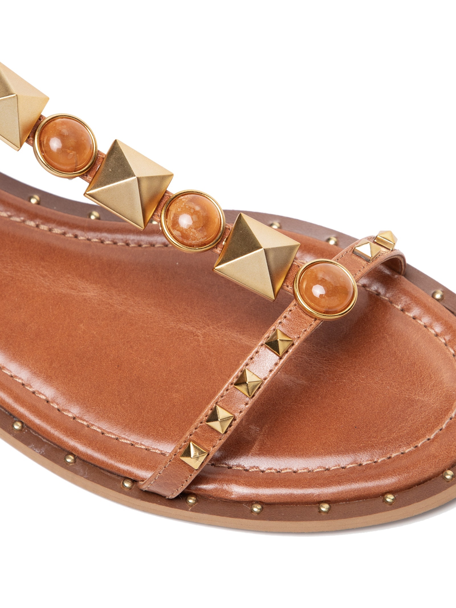 Sandália Feminina Rasteira Couro Com Tachas Marrom Market 33