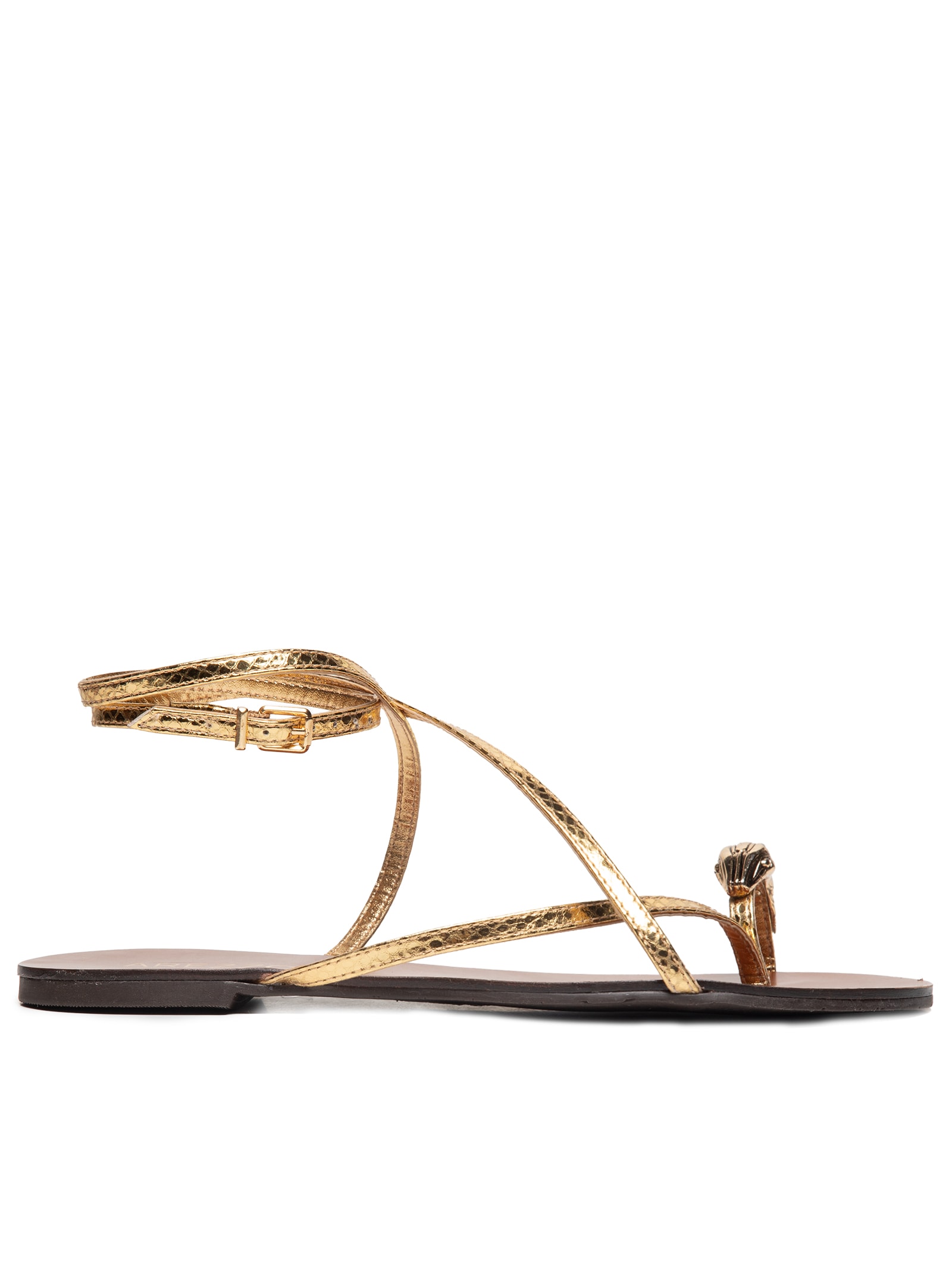 Sandália Feminina Rasteira Couro Dedeira Metal Snake Dourado Arezzo