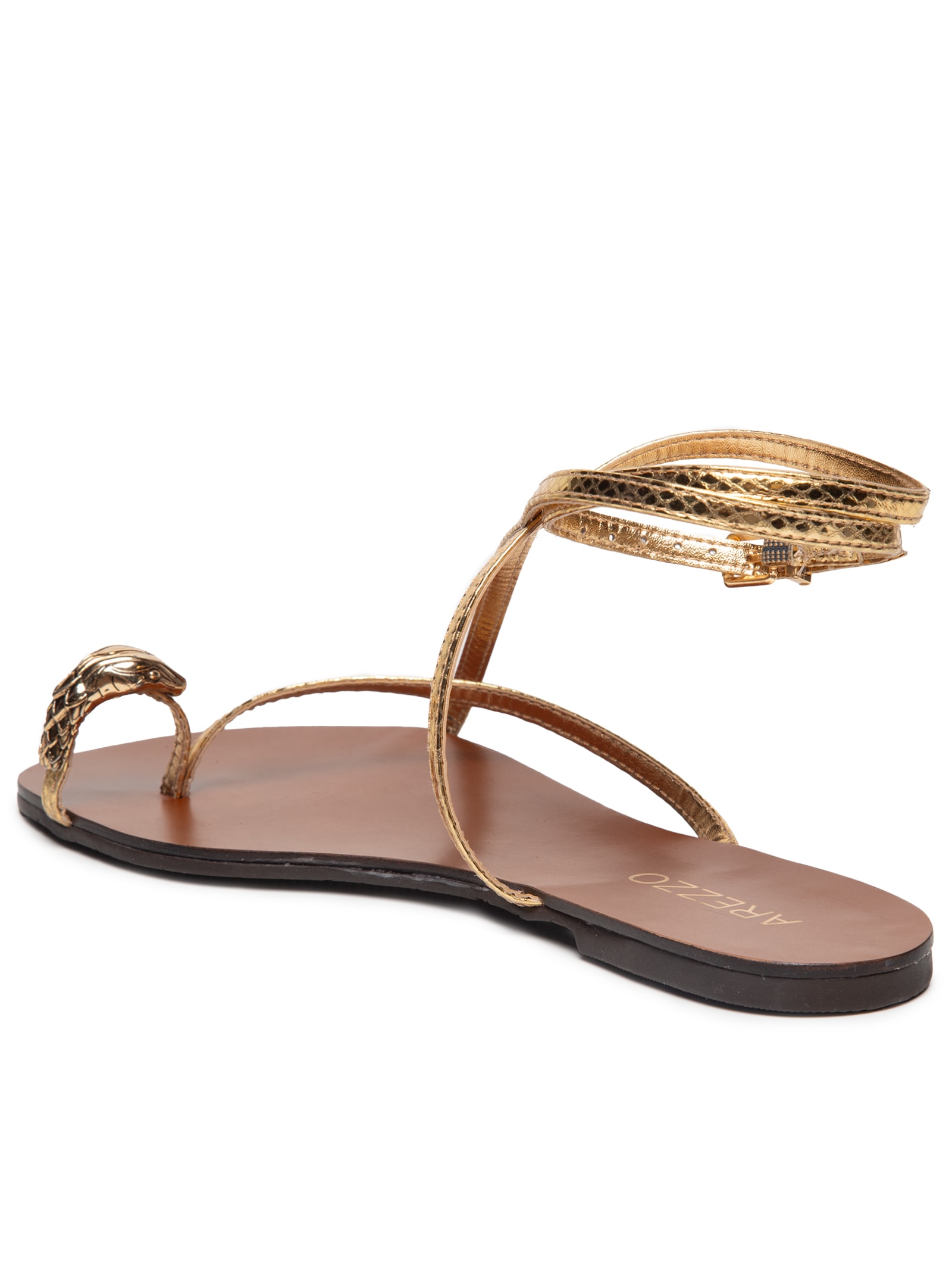 Sandália Feminina Rasteira Couro Dedeira Metal Snake Dourado Arezzo