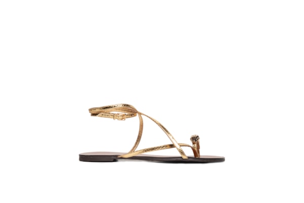 Sandália Feminina Rasteira Couro Dedeira Metal Snake - Dourado