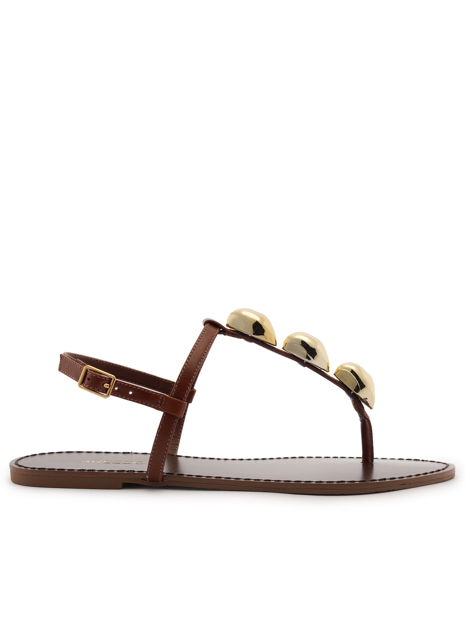 Sandália Feminina Rasteira Couro Slim Metais Marrom Arezzo