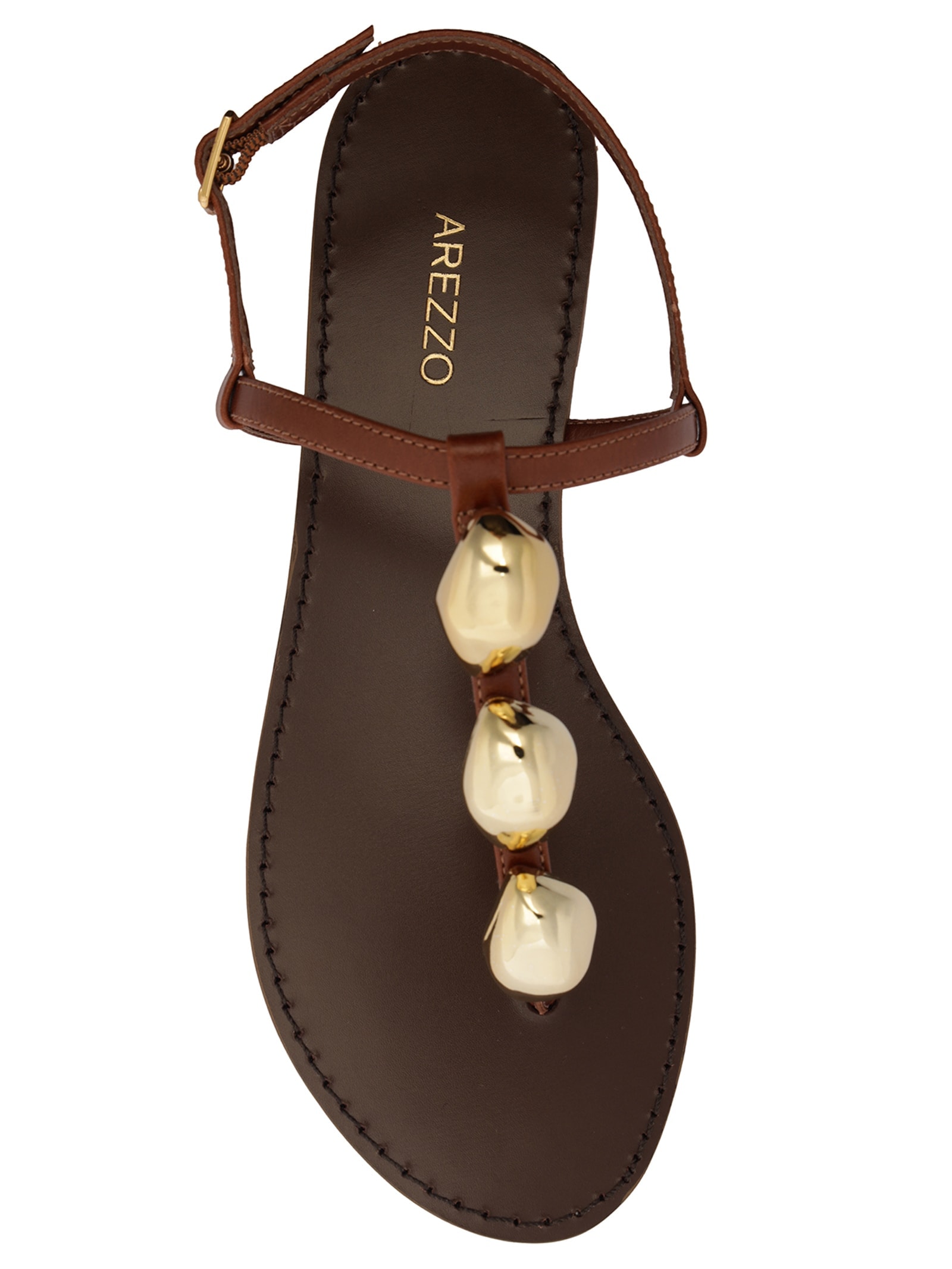 Sandália Feminina Rasteira Couro Slim Metais Marrom Arezzo