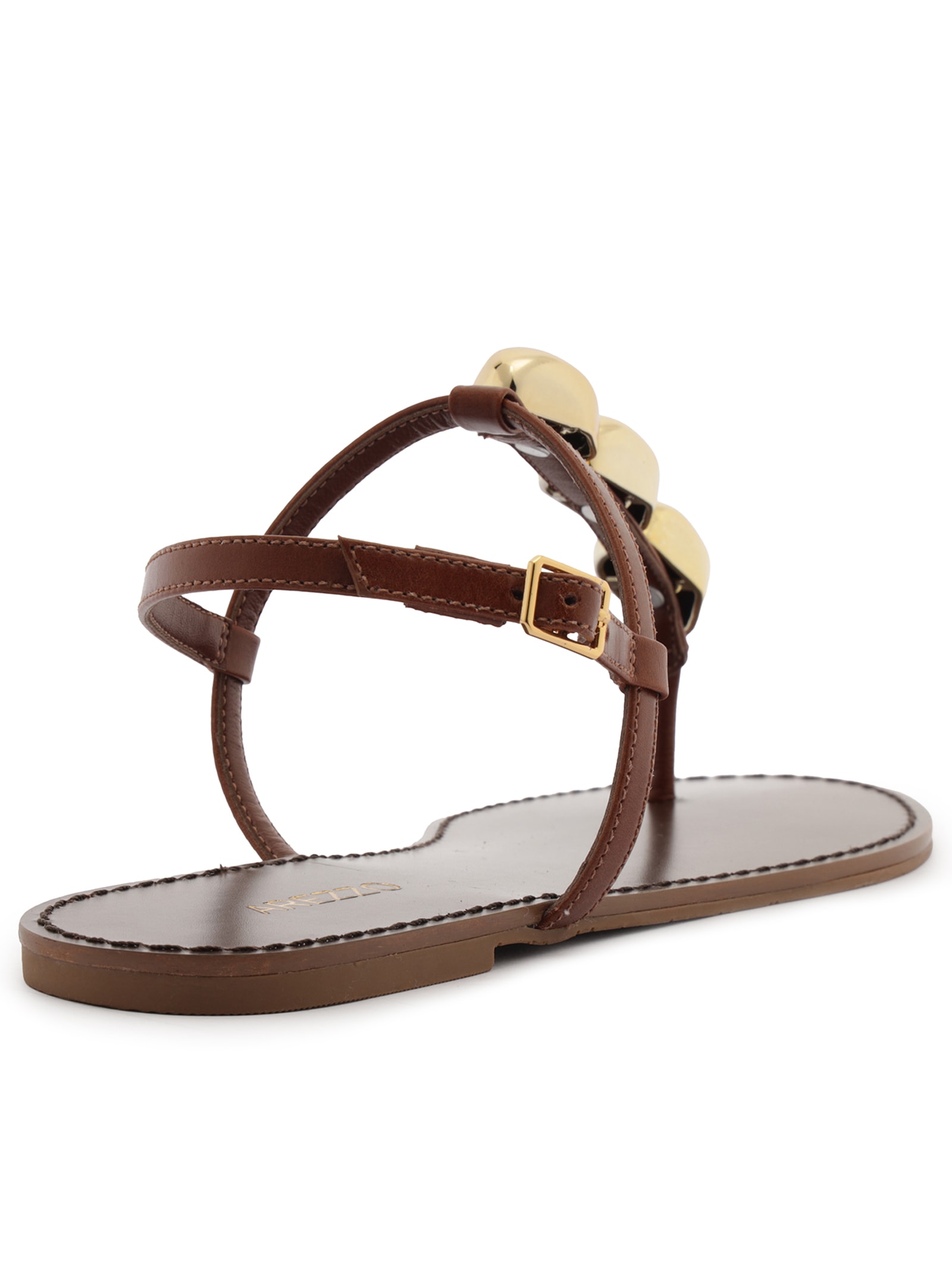 Sandália Feminina Rasteira Couro Slim Metais Marrom Arezzo