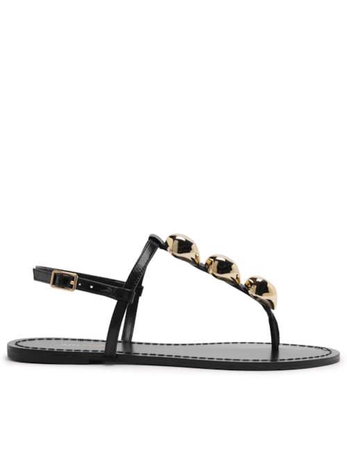 Sandália Feminina Rasteira Couro Slim Metais – Preto