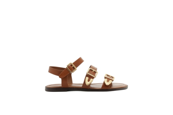 Sandália Feminina Rasteira Couro Tiras Fivelas - Marrom