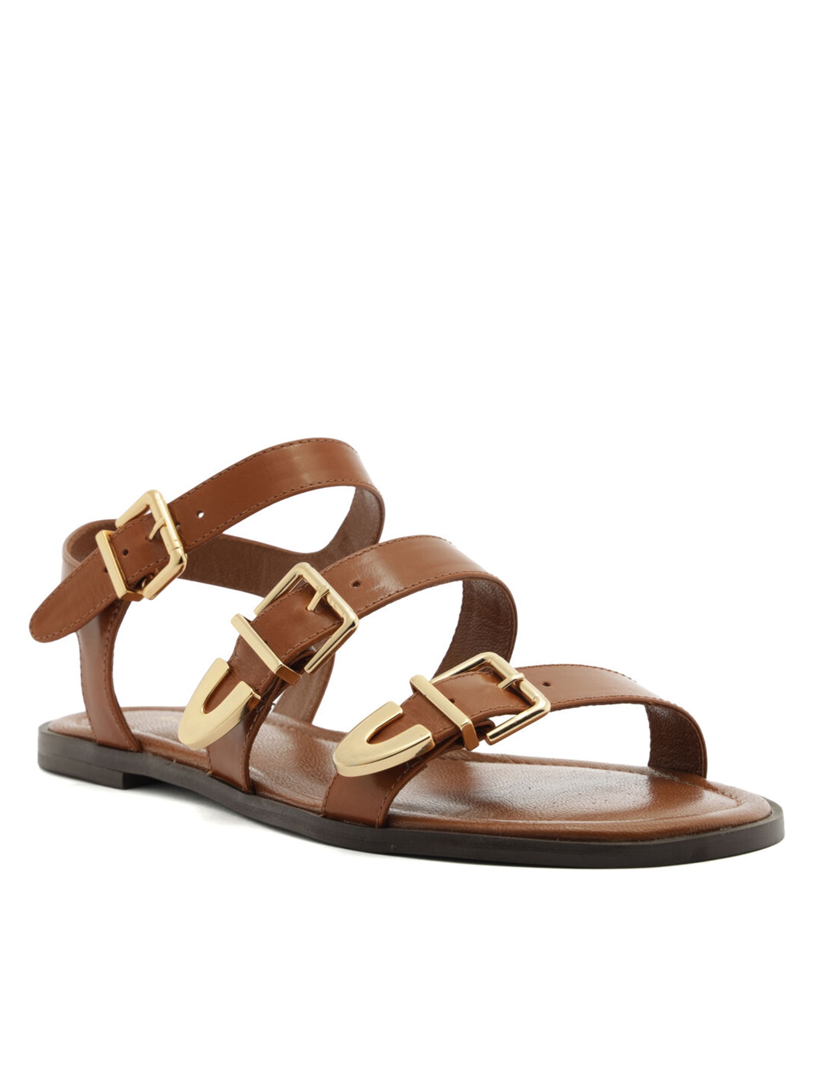 Sandália Feminina Rasteira Couro Tiras Fivelas Marrom Arezzo