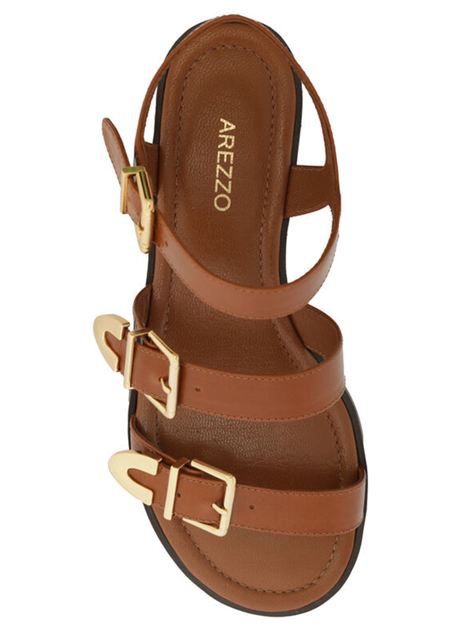 Sandália Feminina Rasteira Couro Tiras Fivelas Marrom Arezzo