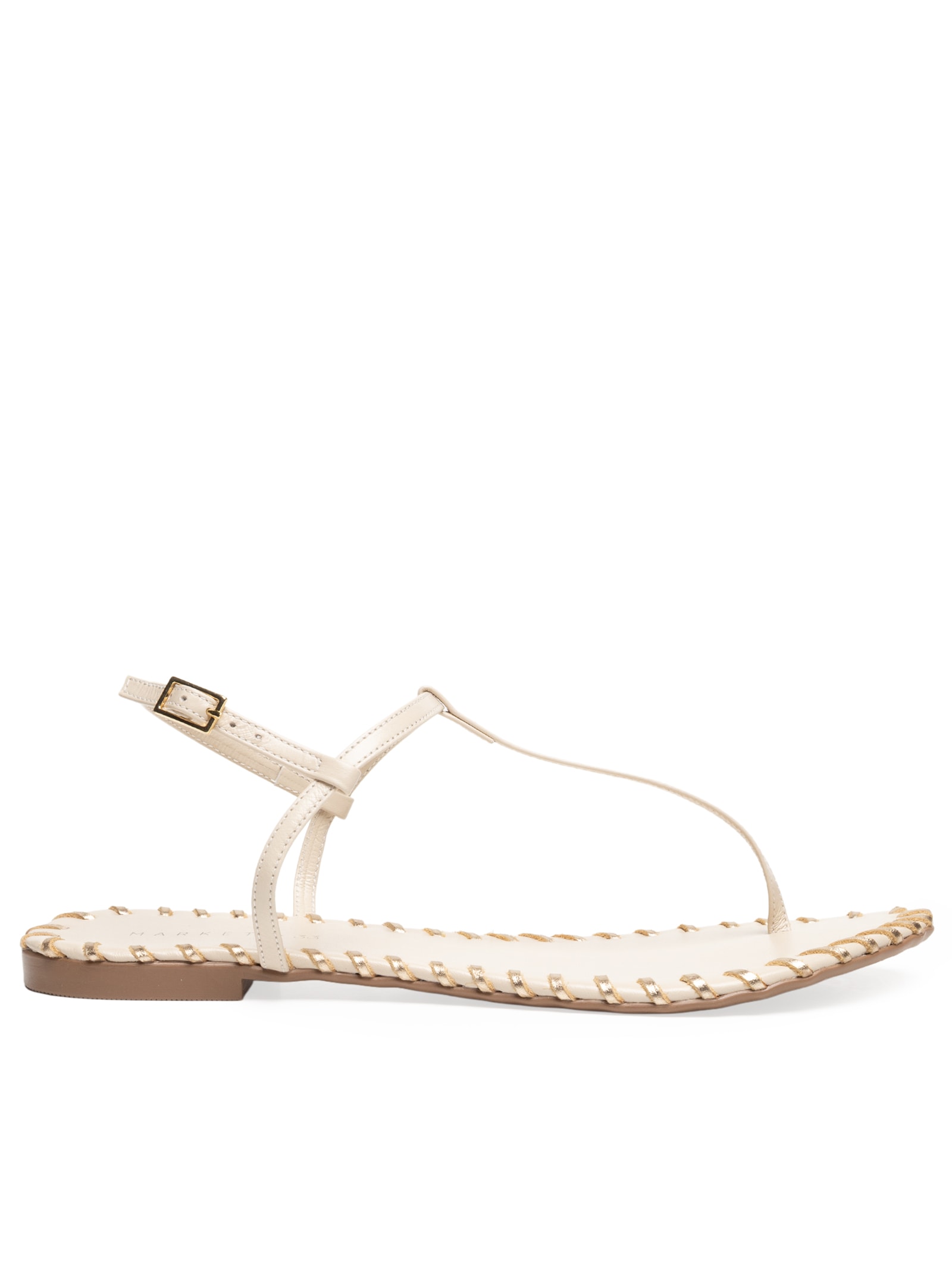Sandália Feminina Rasteira Em Couro Com Detalhe Dourado Off White Market 33