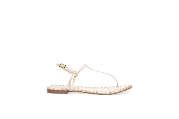 Sandália Feminina Rasteira Em Couro Com Detalhe Dourado - Off White