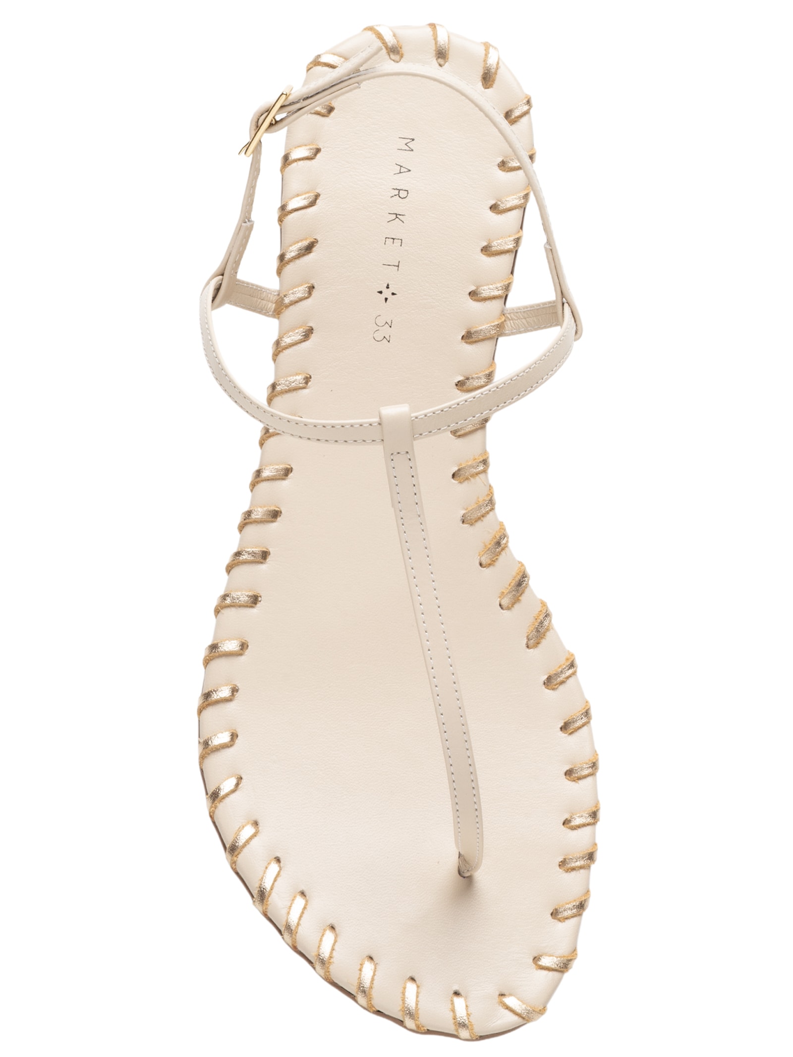 Sandália Feminina Rasteira Em Couro Com Detalhe Dourado Off White Market 33