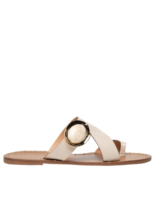 Sandália Feminina Rasteira em Couro Com Pedra - Off White