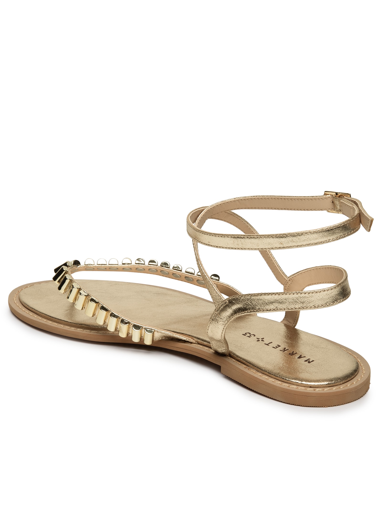 Sandália Feminina Rasteira Em Couro Com Tachas Dourado Market 33