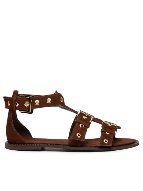 Sandália Feminina Rasteira Em Couro Com Tachas E Fivelas – Marrom