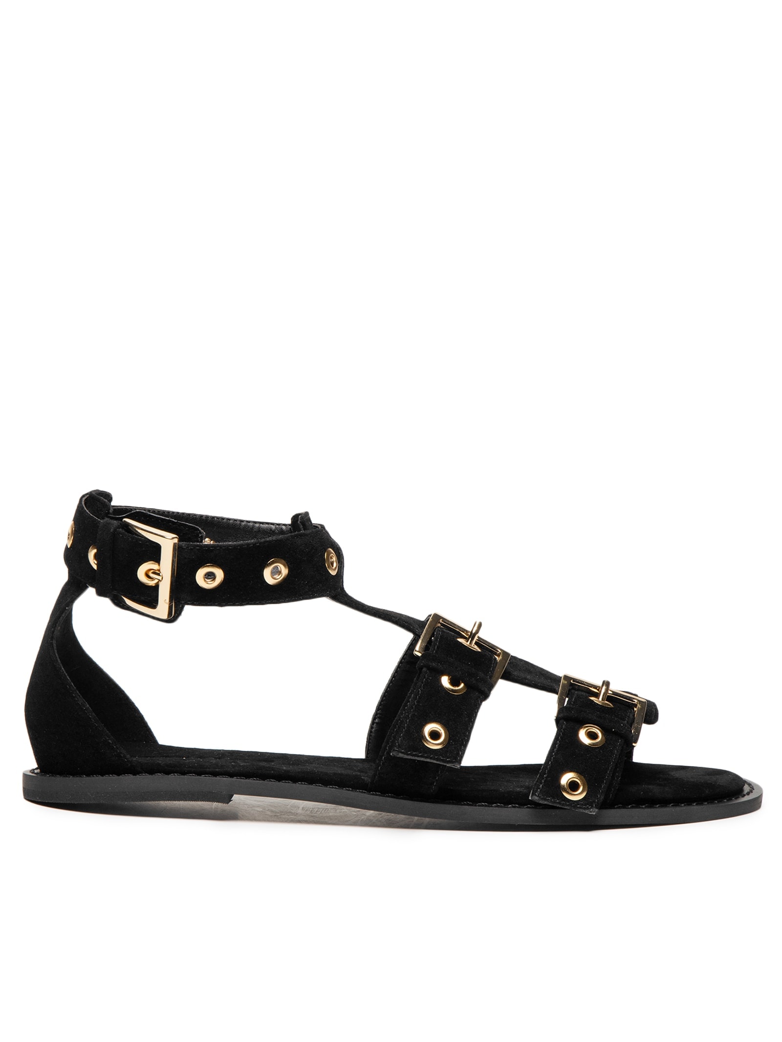 Sandália Feminina Rasteira Em Couro Com Tachas E Fivelas Preto Market 33