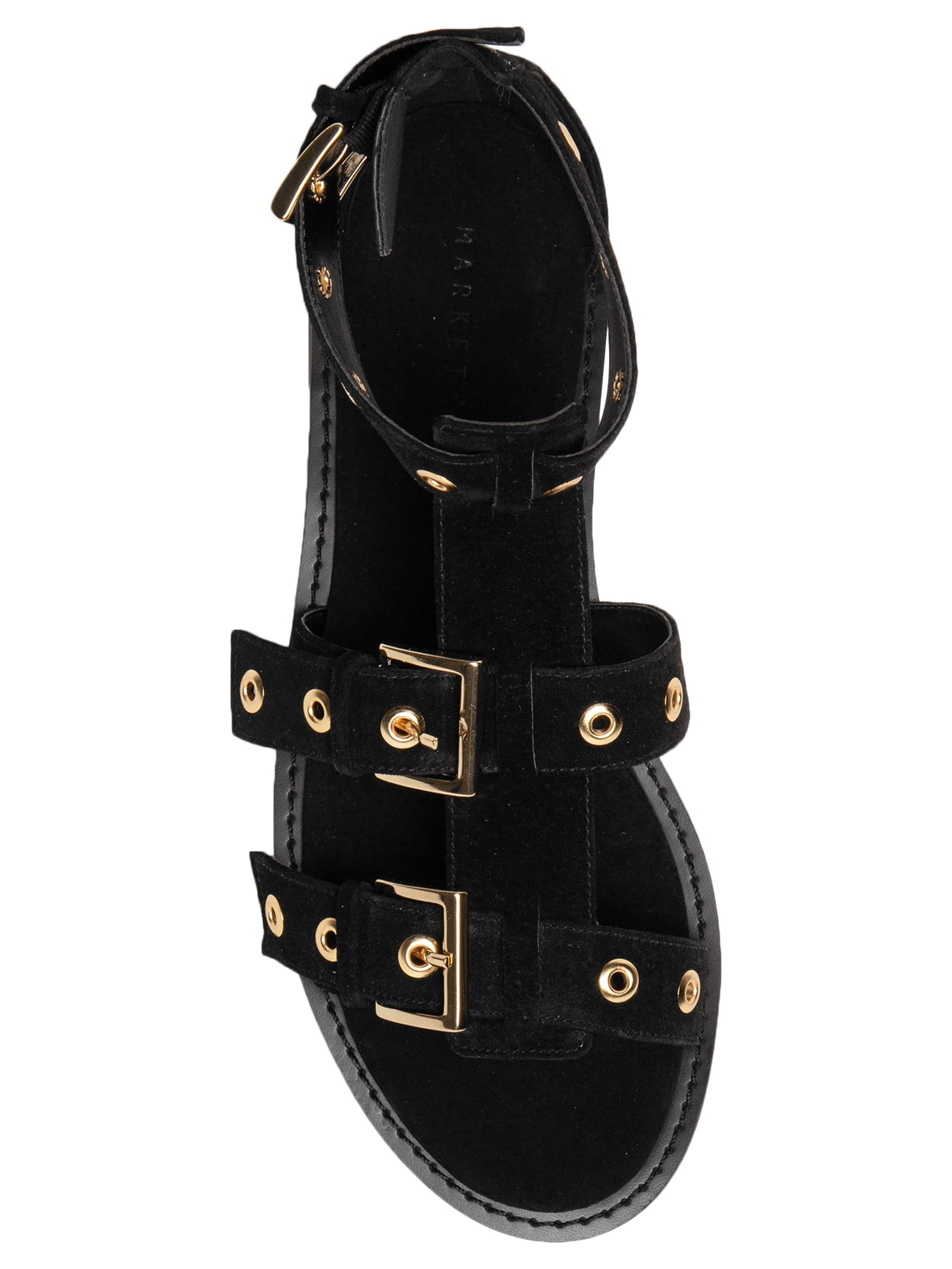 Sandália Feminina Rasteira Em Couro Com Tachas E Fivelas Preto Market 33