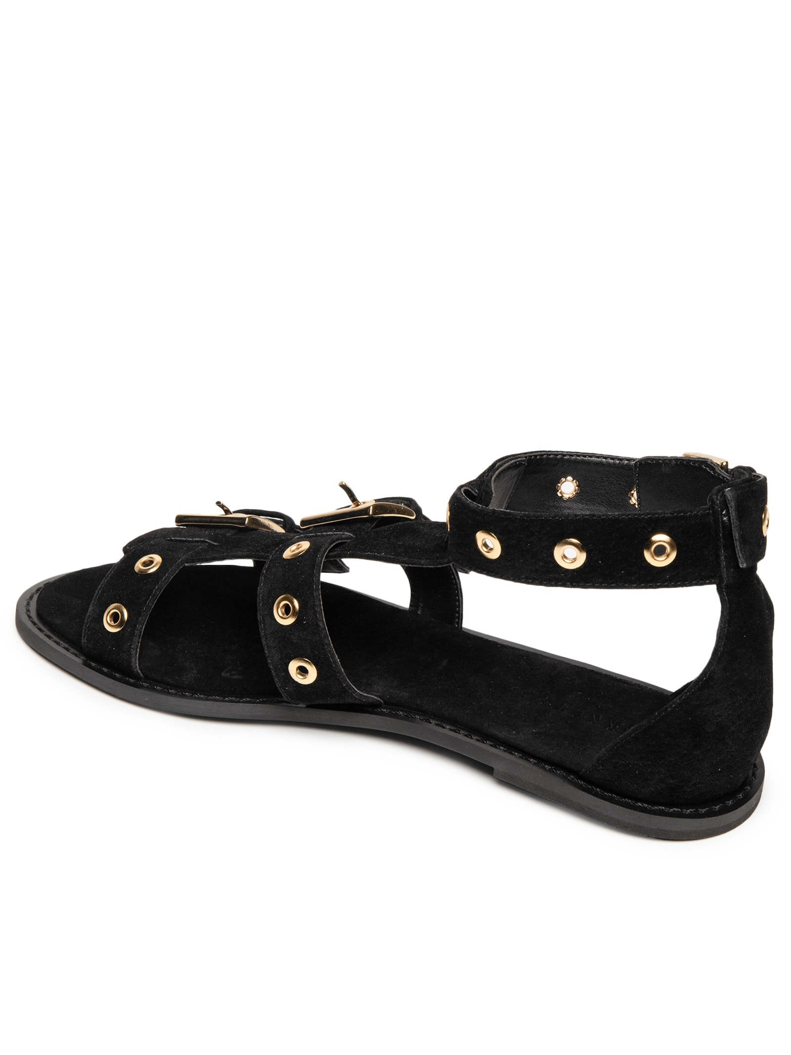 Sandália Feminina Rasteira Em Couro Com Tachas E Fivelas Preto Market 33